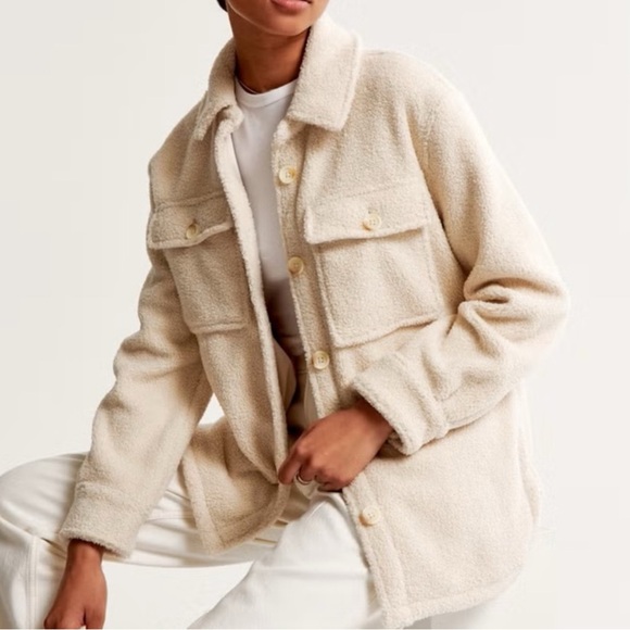 Abercrombie & Fitch Jackets & Blazers - LG A&F Cream Teddy Sherpa Shacket Button Up Collared Jacket Lined
